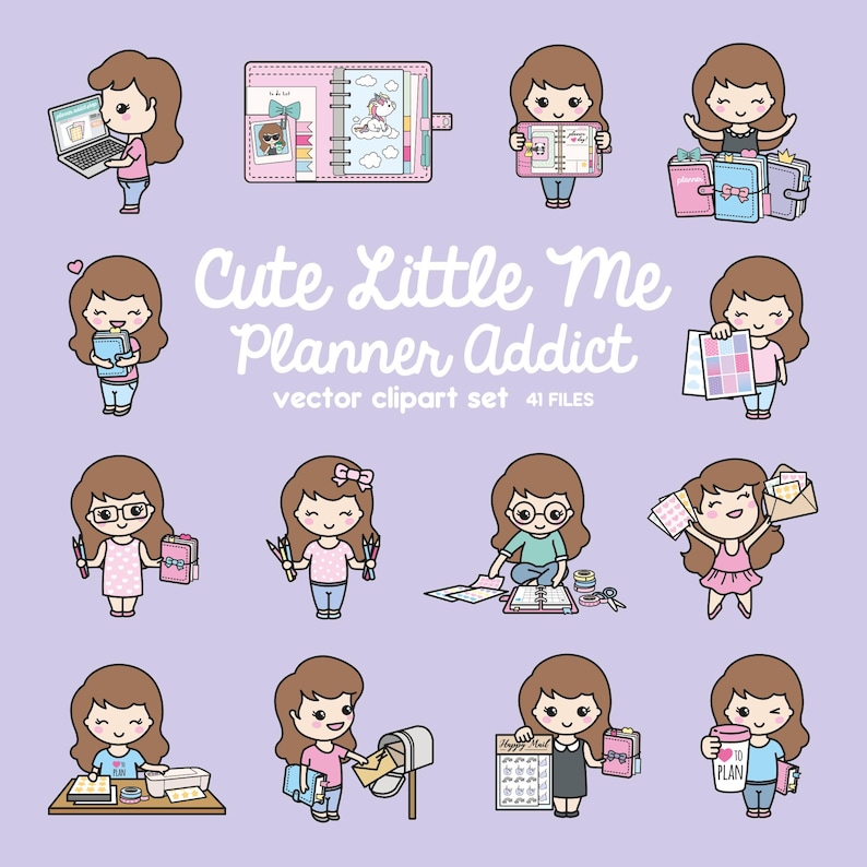 May include: A vector clipart set titled "Cute Little Me Planner Addict" featuring cartoon illustrations of a girl with brown hair. The girl is shown with a laptop, planner, and other stationery items. The set includes 41 files.