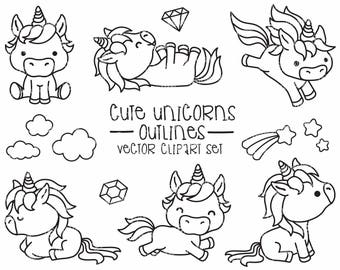 Premium Vector Clipart - Kawaii Unicorns Outlines - Cute Unicorns Outlines Clipart Set - High Quality Vectors - Instant Download