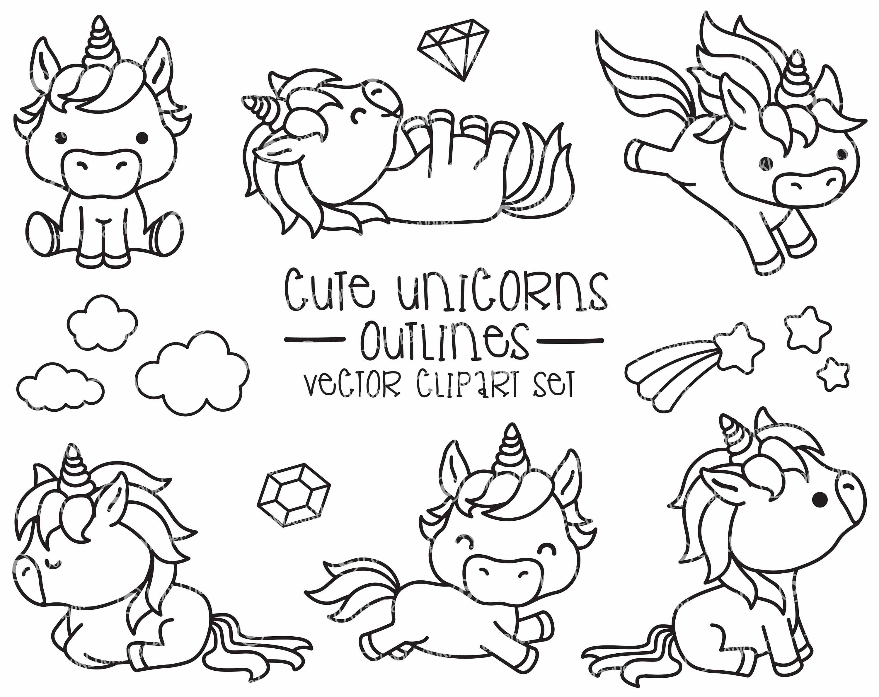 Premium Vector Clipart Kawaii Unicorns Outlines Cute | Etsy