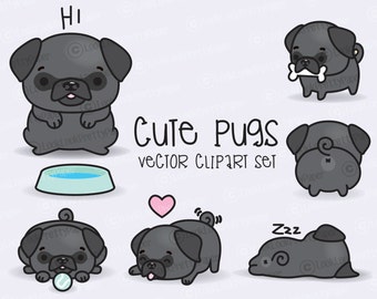 Premium Vector Clipart - Kawaii Pugs - Cute Black Pugs Clipart Set - High Quality Vectors - Instant Download - Kawaii Clipart