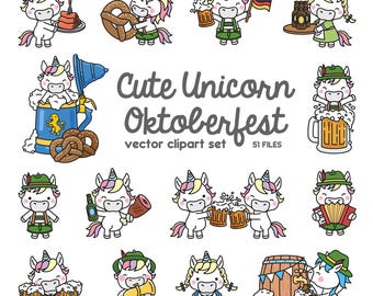 Premium vectorillustraties - kawaii eenhoorn Oktoberfest - schattig eenhoorns bierfestival - Duitsland - hoge kwaliteit vectoren - direct downloaden