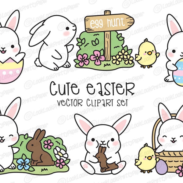 Premium Vector Clipart - Kawaii Easter - Cute Easter Clipart Set - Easter Bunny - High Quality Vectors - Kawaii Christmas Clipart