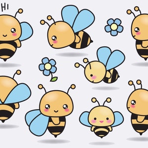 Peut inclure: Plusieurs abeilles de dessin anim&eacute; avec des corps jaunes, des rayures noires et des ailes bleu clair. Certaines abeilles ont un visage souriant et sont accompagn&eacute;es de fleurs bleues et roses. Une abeille a le mot "Hi" au-dessus.
