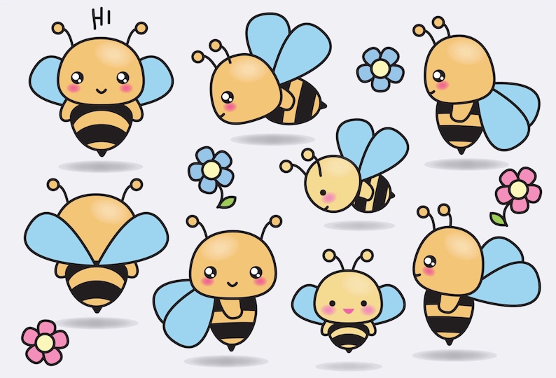 Peut inclure: Plusieurs abeilles de dessin anim&eacute; avec des corps jaunes, des rayures noires et des ailes bleu clair. Certaines abeilles ont un visage souriant et sont accompagn&eacute;es de fleurs bleues et roses. Une abeille a le mot "Hi" au-dessus.