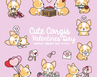 May include: Cute cartoon corgis in various Valentine's Day themed poses.  The corgis are holding hearts, balloons, letters, and gifts.  The text "Cute Corgis Valentines Day vector clipart set 39 FILES" is at the bottom of the image.