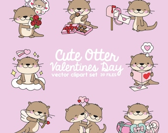 May include: Cute otter illustrations in various Valentine's Day themed poses.  Otters holding flowers, hearts, and chocolates.  Otters sending letters and reading love notes.  Otters dressed as Cupid and hugging.  Cute Otter Valentines Day vector clipart set 39 FILES.