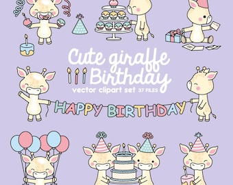 Premium Vector Clipart - Kawaii Birthday Giraffes - Cute Birthday Giraffes Clipart Set - High Quality Vectors - Kawaii Birthday Clipart
