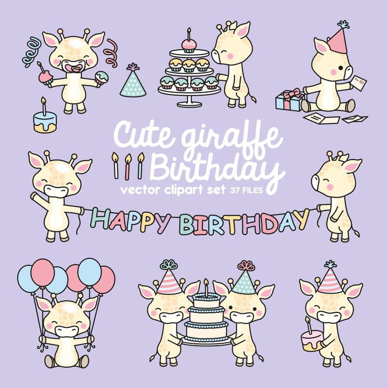 May include: A set of 37 digital clipart images featuring cute cartoon giraffes celebrating a birthday. The giraffes are wearing party hats and holding birthday cake, balloons, and a banner that says "Happy Birthday".