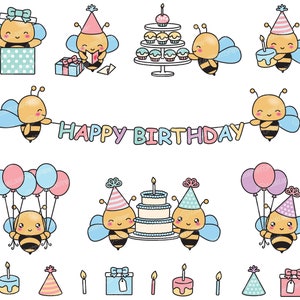 May include: A set of cute bee-themed birthday party clipart featuring bees holding gifts, cake, balloons, and a banner that says "Happy Birthday".