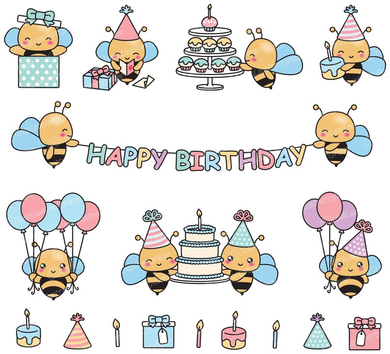 May include: A set of cute bee-themed birthday party clipart featuring bees holding gifts, cake, balloons, and a banner that says "Happy Birthday".