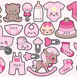 Peut inclure: Un ensemble d'illustrations sur le th&egrave;me de b&eacute;b&eacute; fille en rose et marron. Les illustrations comprennent une poup&eacute;e b&eacute;b&eacute;, un ours en peluche, un hochet, un biberon, un body, une couche, un bavoir, une poussette, une chaussure de b&eacute;b&eacute;, une sucette, un jouet d'empilage, un cheval &agrave; bascule, un ballon, une salopette, une &eacute;toile, un canard, une paire de chaussettes et un anneau.