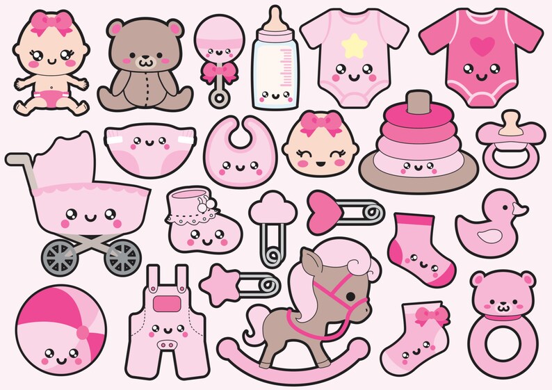 Peut inclure: Un ensemble d'illustrations sur le th&egrave;me de b&eacute;b&eacute; fille en rose et marron. Les illustrations comprennent une poup&eacute;e b&eacute;b&eacute;, un ours en peluche, un hochet, un biberon, un body, une couche, un bavoir, une poussette, une chaussure de b&eacute;b&eacute;, une sucette, un jouet d'empilage, un cheval &agrave; bascule, un ballon, une salopette, une &eacute;toile, un canard, une paire de chaussettes et un anneau.