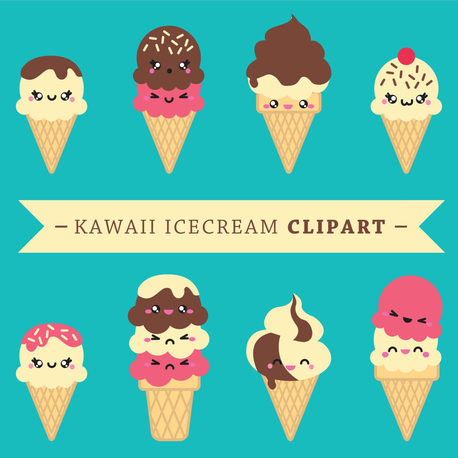 Kawaii Ice cream Clipart, ice cream clip art, kawaii clip art, cute ice  cream digital art, kawaii commercial use with Instant Download