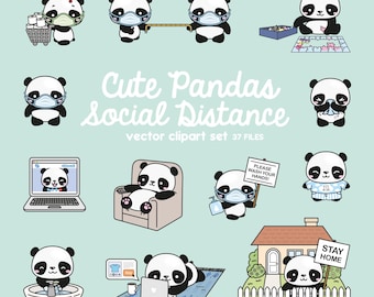 Premium vector clipart - kawaii panda - schattige panda sociale afstand clipart - panda's lockdown - direct downloaden - kawaii clipart