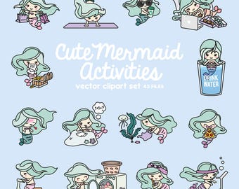 Imágenes vectoriales premium - Sirena Kawaii - Imágenes prediseñadas de sirenas adorables - Descarga instantánea - Imágenes prediseñadas Kawaii