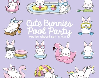 Premium Vector Clipart - Kawaii Bunny - Cute Bunny Pool Party Clipart - Pool Party - Instant Download - Kawaii Clipart