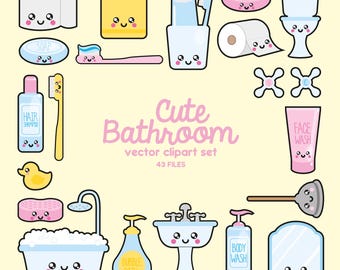 Premium Vector Clipart - Kawaii Bathroom Clipart - Kawaii Bathroom Clip art Set - High Quality Vectors - Instant Download - Kawaii Clipart