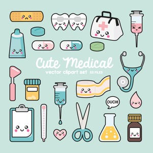 Clipart vettoriali premium - Clipart di dottori kawaii - Set di clipart kawaii - Vettori di alta qualità - Download immediato - Clipart medica kawaii