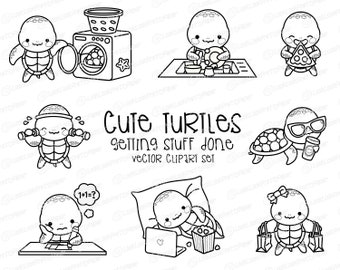 Premium Vector Clipart - Kawaii Turtle - Cute Sea Turtle Planning Clipart - Outlines - Instant Download
