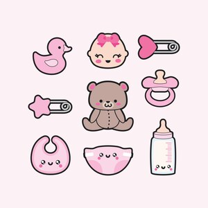 Peut inclure: Un ensemble d'ic&ocirc;nes roses sur le th&egrave;me du b&eacute;b&eacute;, comprenant un ours en peluche, un canard, une sucette, un biberon, une couche, une &eacute;pingle de s&ucirc;ret&eacute; et une bavette.