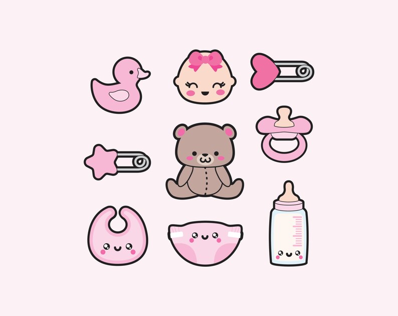 Peut inclure: Un ensemble d'ic&ocirc;nes roses sur le th&egrave;me du b&eacute;b&eacute;, comprenant un ours en peluche, un canard, une sucette, un biberon, une couche, une &eacute;pingle de s&ucirc;ret&eacute; et une bavette.