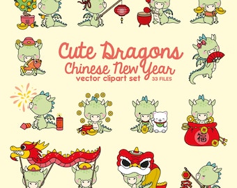 Premium Vector Clipart - Kawaii Chinese New Year - Cute Year of the Dragon - 2024 - Kawaii Dragon - Instant Download - Kawaii Clipart