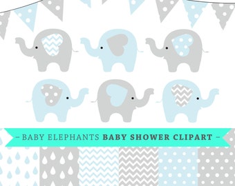 Premium baby shower vector clipart - Baby elephants - blue and grey baby shower - clip art and digital paper set - baby elephant clipart