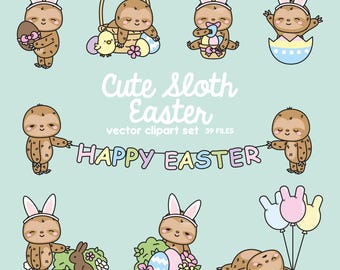 Premium Vector Clipart - Kawaii Easter Sloths - Cute Easter Sloths Clipart Set - High Quality Vectors - Kawaii Easter Clipart