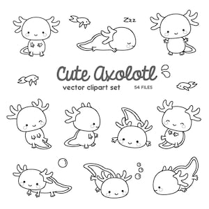 Premium Vektor Clipart - Kawaii Axolotl Umrisse - Süßes Axolotl Umrisse Clipart Set - hochwertige Vektoren - Instant Download