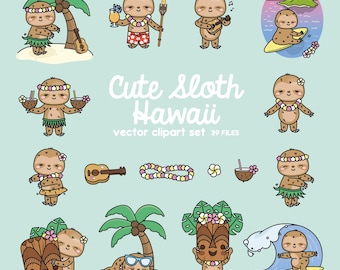 Premium Vector Clipart - Kawaii Sloth - Cute Sloths in Hawaii Clipart - Hawaii - Instant Download - Kawaii Clipart