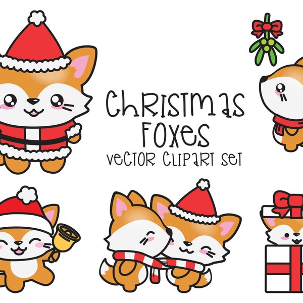 Premium Vector Clipart - Kawaii Christmas Foxes - Cute Christmas Foxes Clipart Set - High Quality Vectors - Kawaii Christmas Fox Clipart