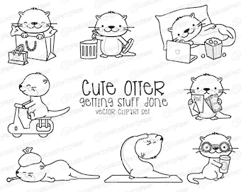 Premium Vector Clipart - Kawaii Otter - Cute Otters Planning Clipart - Getting Stuff Done - Instant Download - Kawaii Clipart - Outlines