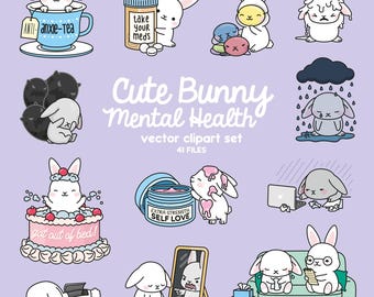 Premium Vektor Clipart - Kawaii Hase - süße Bunnies Mental Gesundheit Clipart Set - hochwertige Vektoren - Instant Download - Kawaii Clipart