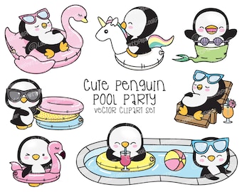 Premium Vector Clipart - Kawaii Penguin - Cute Penguin Pool Party Clipart - Pool Party - Instant Download - Kawaii Clipart