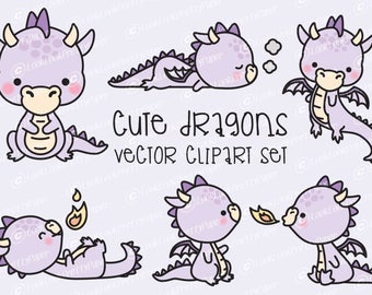 Premium Vector Clipart - Kawaii Dragon - Purple - Cute Baby Dragons Clipart Set - High Quality Vectors - Instant Download - Kawaii Clipart