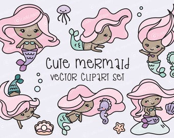 Premium Vector Clipart - Kawaii Mermaids - Cute Mermaids Clipart Set - Colour Variation - High Quality Vectors - Kawaii Clipart