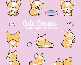 Premium vectorclipart - kawaii corgi's - schattige Corgi-clipartset - hoge kwaliteit vectoren - direct downloaden - kawaii-clipart