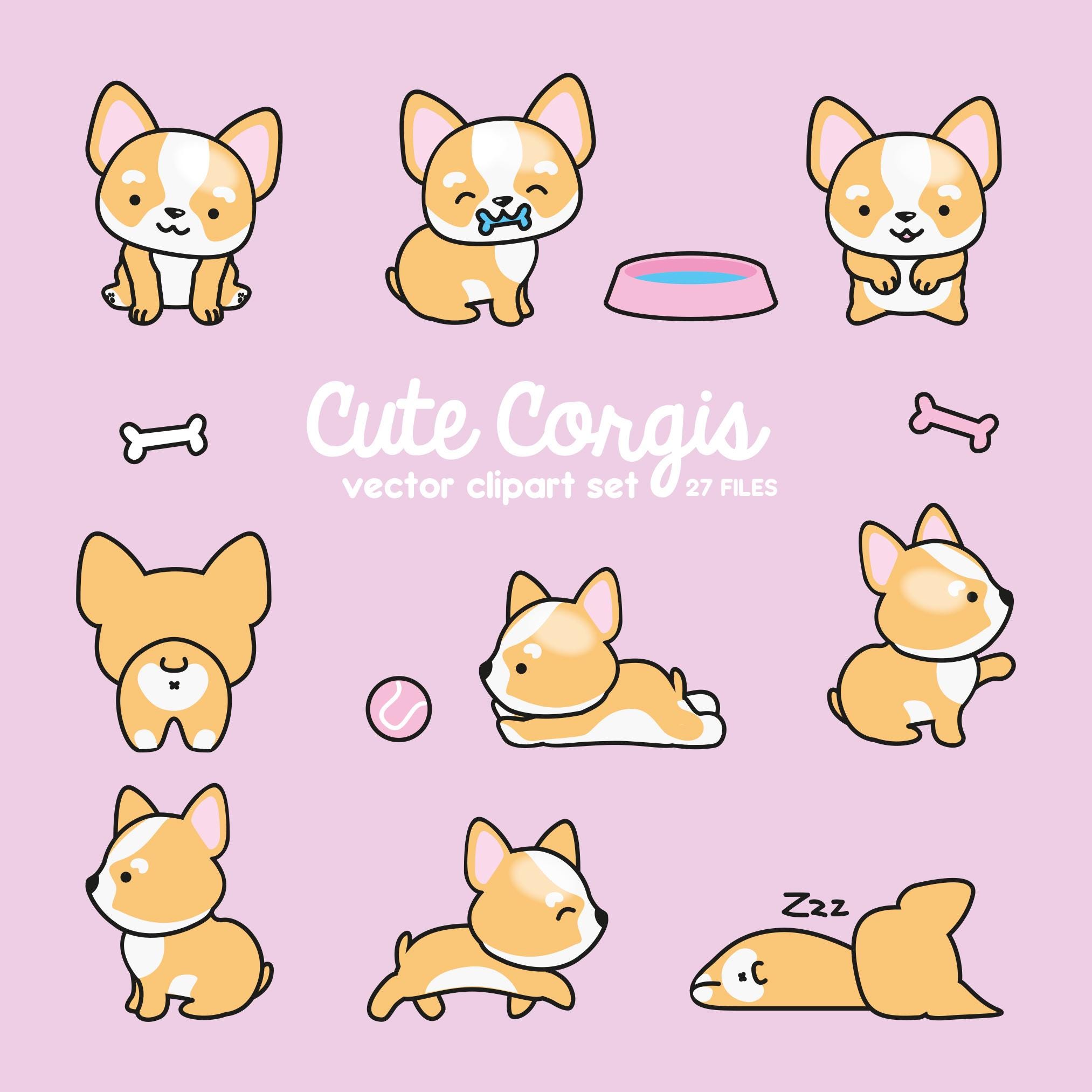 Premium vectorclipart - kawaii corgi's - schattige Corgi-clipartset - hoge kwaliteit vectoren - direct downloaden - kawaii-clipart