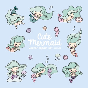 May include: A set of 9 cute mermaid illustrations with a light blue background. The mermaids are drawn in a cartoon style with long flowing hair and tails. The illustrations include seashells, starfish, jellyfish, and seahorses.