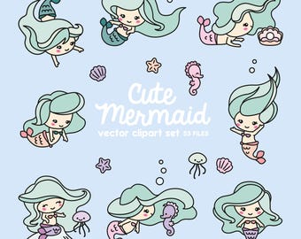 Imágenes vectoriales premium - Sirenas Kawaii - Set de imágenes prediseñadas de sirenas adorables - Vectores de alta calidad - Descarga instantánea - Imágenes prediseñadas Kawaii