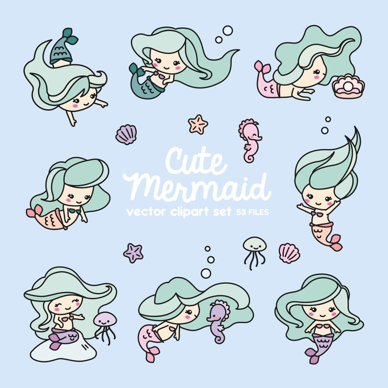 May include: A set of 9 cute mermaid illustrations with a light blue background. The mermaids are drawn in a cartoon style with long flowing hair and tails. The illustrations include seashells, starfish, jellyfish, and seahorses.