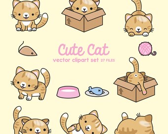 May include: A set of 27 vector clipart illustrations of cute orange tabby cats in various poses. The cats are shown playing with yarn, eating from a bowl, and hiding in a box. The illustrations are in a cartoon style and are perfect for use in digital projects.