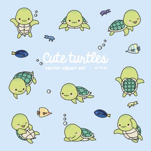Imágenes prediseñadas vectoriales premium: tortuga kawaii, conjunto de imágenes prediseñadas de tortugas lindas, tortuga marina, vectores de alta calidad, descarga instantánea, imágenes prediseñadas kawaii