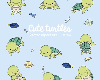 Premium Vector Clipart - Kawaii Turtle - Cute Turtle Clipart Set - Sea Turtle - High Quality Vectors - Instant Download - Kawaii Clipart