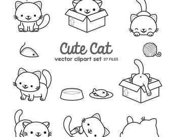 Premium Vector Clipart - Kawaii Cat Outlines - Cute Cat Outlines Clipart Set - High Quality Vectors - Instant Download - Kawaii Clipart