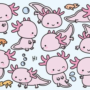 Puede incluir: Un conjunto de diez ilustraciones de axolotl de dibujos animados en varias poses, incluyendo dormir, nadar y saludar. Los axolotls son de color rosa con contornos negros y tienen ojos grandes y redondos. Las ilustraciones est&aacute;n sobre un fondo azul claro.
