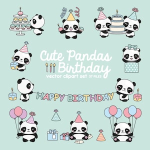 Premium Vektor Clipart - Kawaii Geburtstag Pandas - Süßer Geburtstag Pandas Clipart Set - Hochwertige Vektoren - Kawaii Geburtstag Clipart