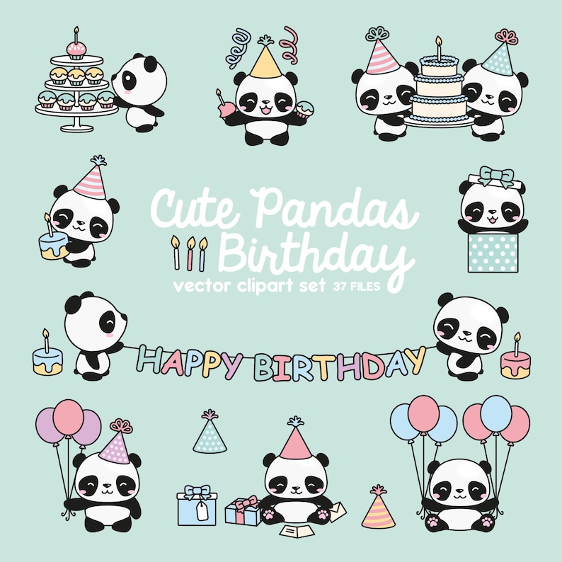 May include: A vector clipart set featuring cute panda bears celebrating birthdays. The pandas are depicted with party hats, balloons, and cakes. The text "Cute Pandas Birthday" and "Happy Birthday" are included in the design. The set includes 37 files.