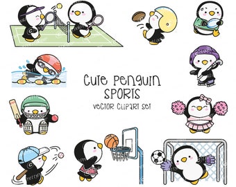 Premium Vector Clipart - Kawaii Sport Penguin - Cute Penguin Sporty Clipart - Instant Download - Kawaii Clipart