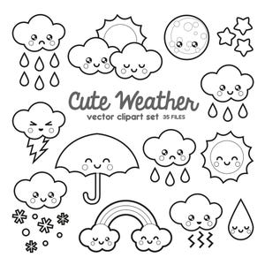 Imágenes prediseñadas vectoriales premium - Imágenes prediseñadas del clima kawaii - Conjunto de imágenes prediseñadas del clima kawaii - Vectores de alta calidad - Contornos - Imágenes prediseñadas kawaii